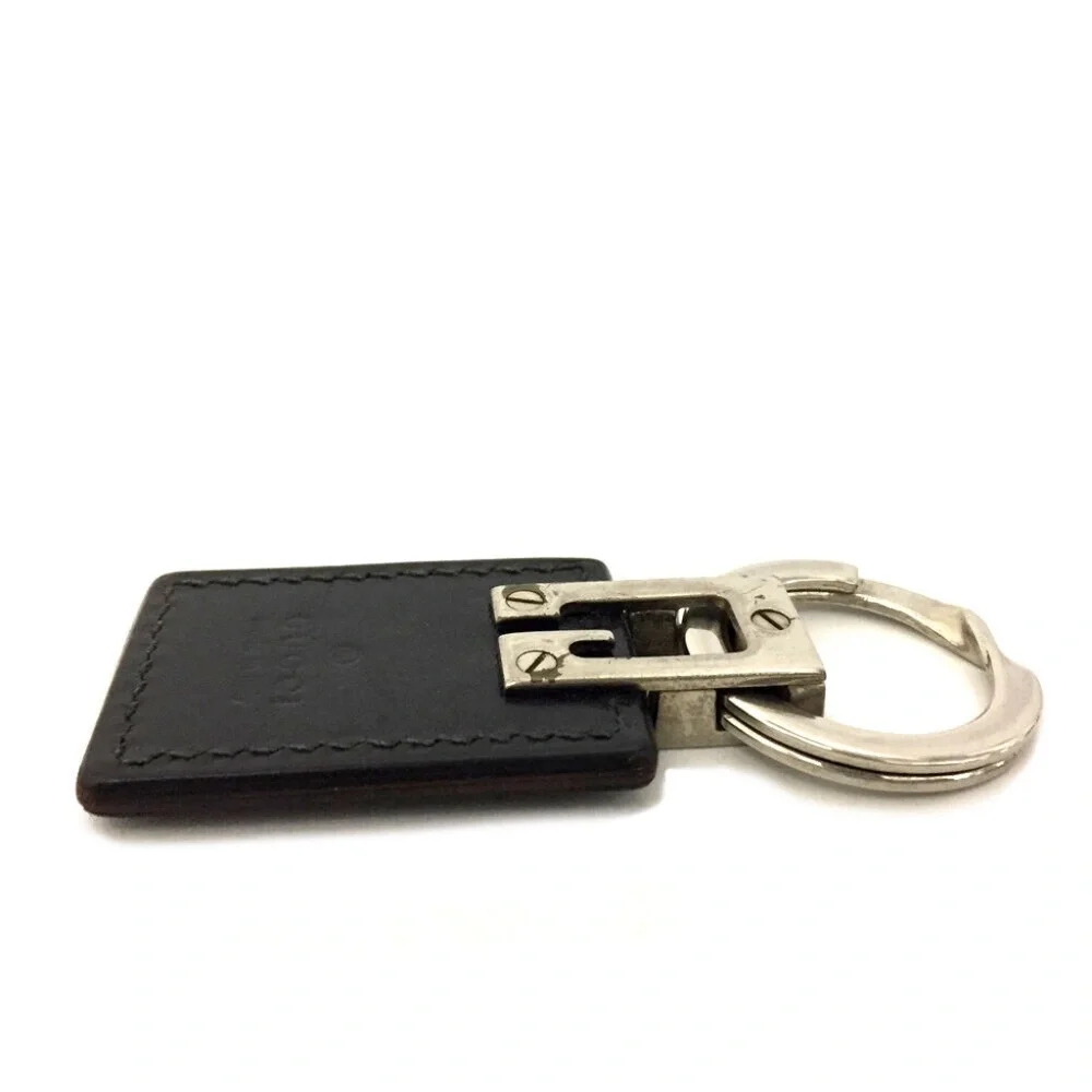 GUCCI Logo Silver Metal Tone Leather Key Holder Charm Unisex Vintage Authentic